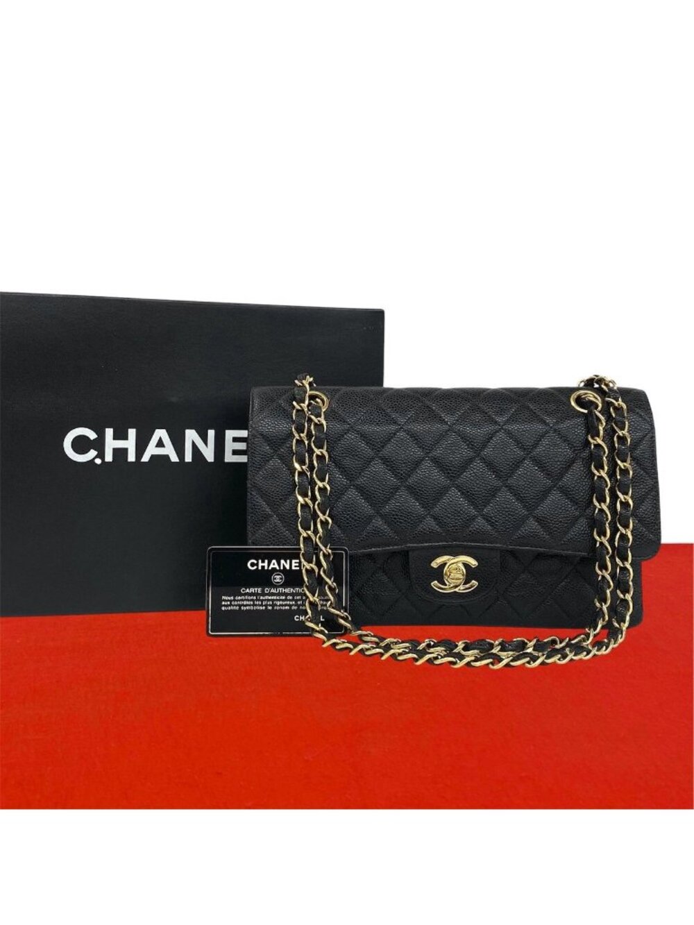 Chanel Quilted CC Logo Double Flap Caviar Leather Shoulder Bag Black